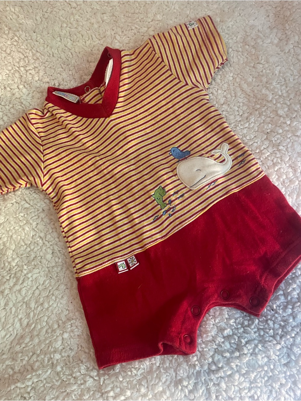 Vintage MCBaby Striped Whale Applique Baby Romper in Red and Yellow